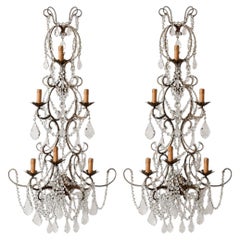 Pair of Italian Beaded Crystal Sconces in Antique Gold Frame, Italy