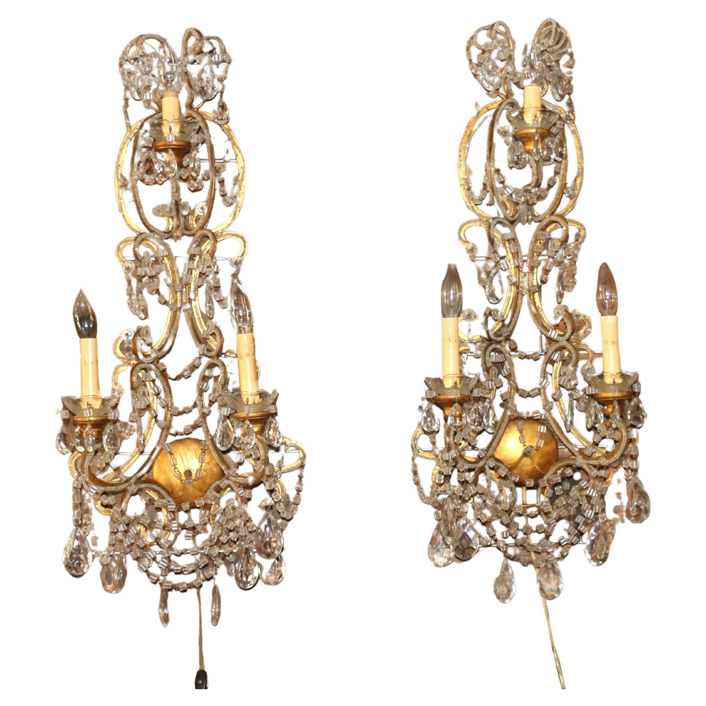 Pair of Italian Beaded Three Light Sconces, C. 1940