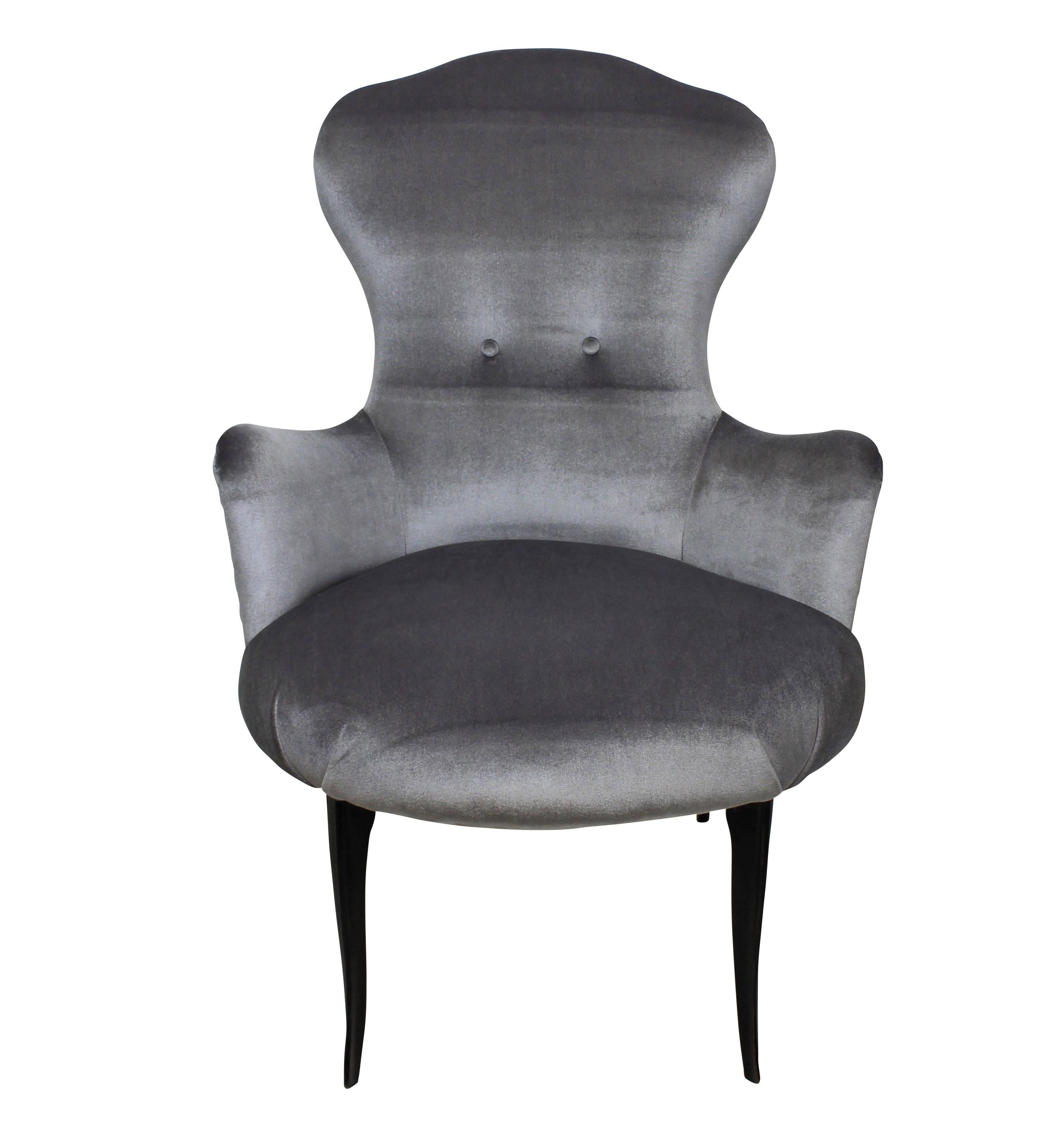 A pair of Italian bedroom chairs of elegant proportions, with cabriole legs and newly upholstered in silver velvet.