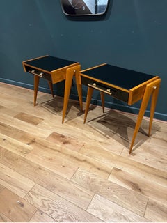 Pair of Italian Bedside Cabinets in Black Glass and Wood