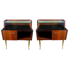 Pair of Italian Bedside Rosewood, glass and Brass Cabinets, Mid-Century Modern