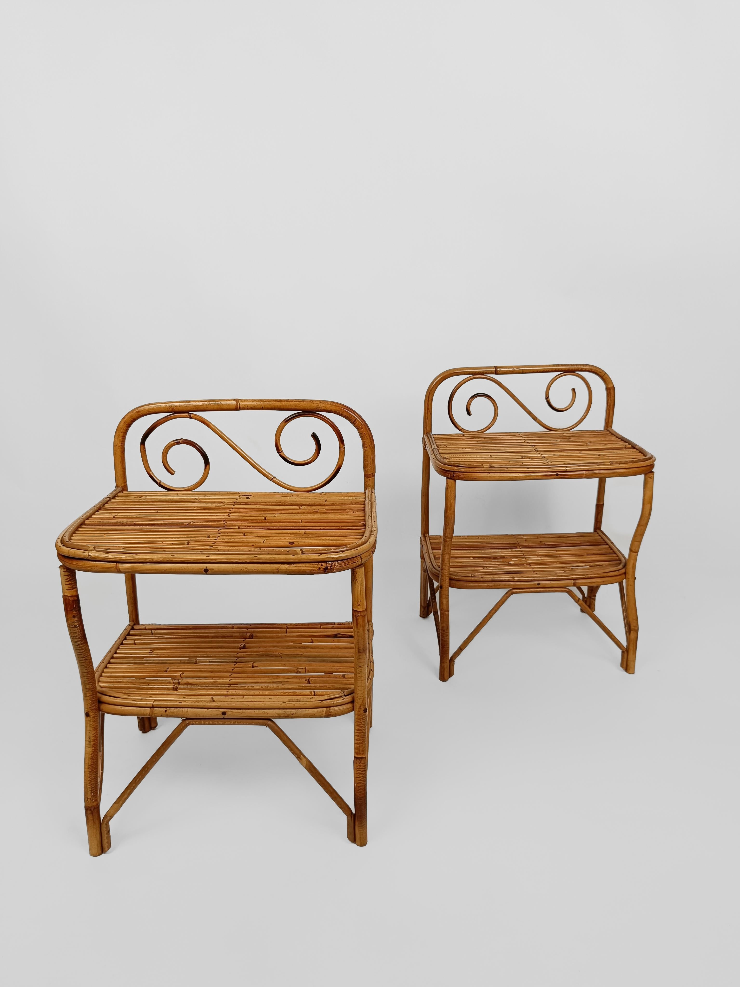 Hand-Crafted Pair of Italian Bedside Table Nightstands in Bamboo, Rattan and Cane, 1960s  For Sale