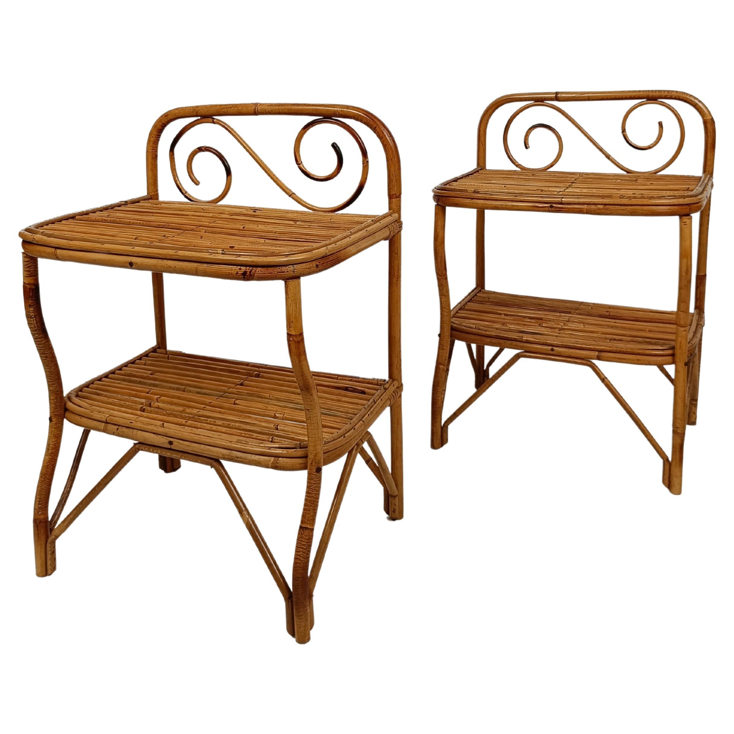 Pair of Italian Bedside Table Nightstands in Bamboo, Rattan and Cane, 1960s 