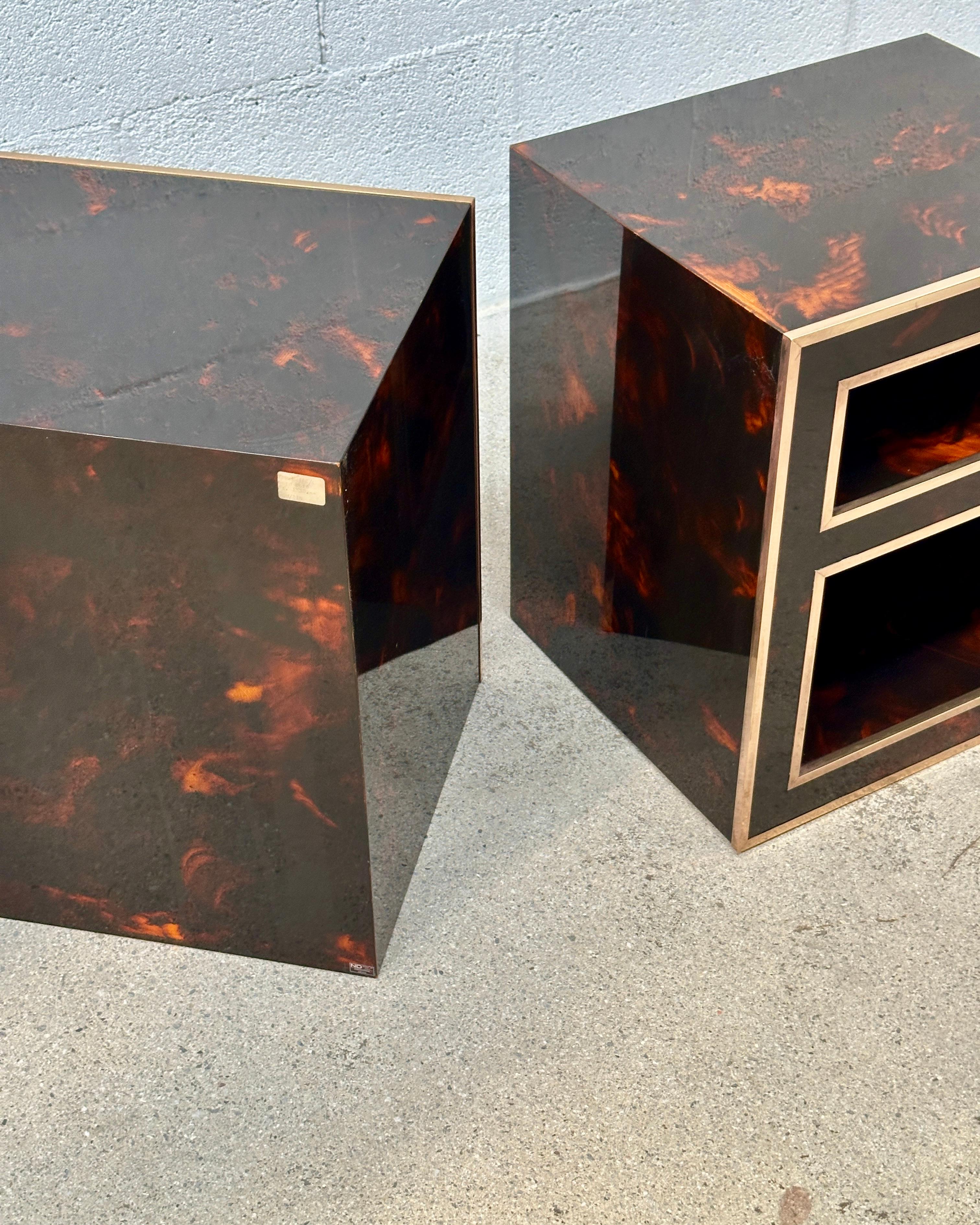 Pair of Italian bedside tables 1970. stamped (ND) Made in Italy. lacquer brass For Sale 1