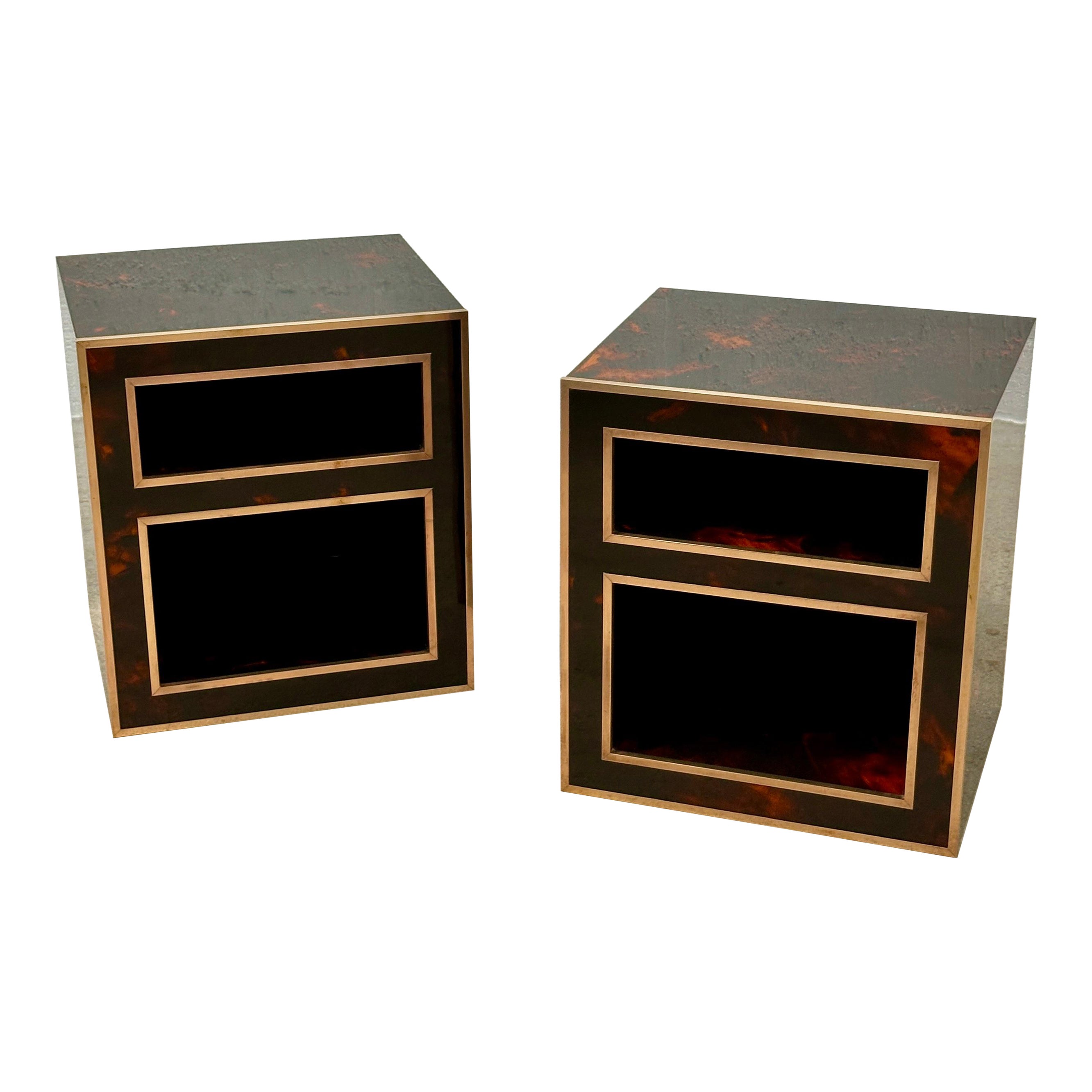Pair of Italian bedside tables 1970. stamped (ND) Made in Italy. lacquer brass For Sale
