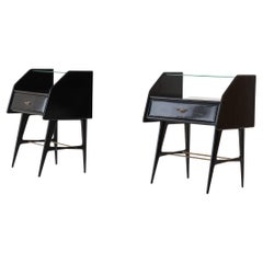 Pair of Italian Bedside Tables in Black Lacquered Wood Glass Shelf and Brass