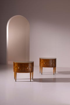 Pair of Italian Bedside Tables in Burl and Olive Glass, 1950s