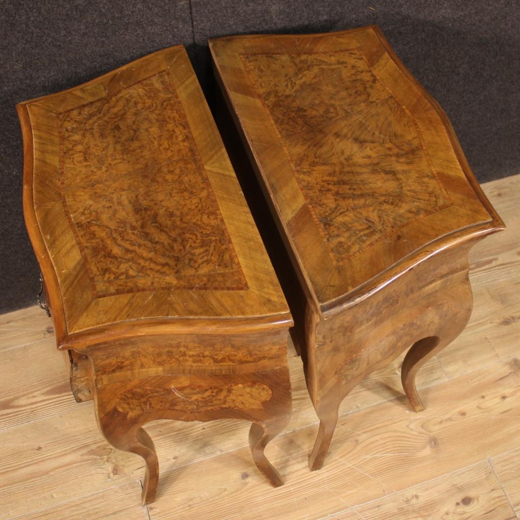 Pair of Italian Bedside Tables in Walnut, Burl, Rosewood & Beech, 20th Century For Sale 7