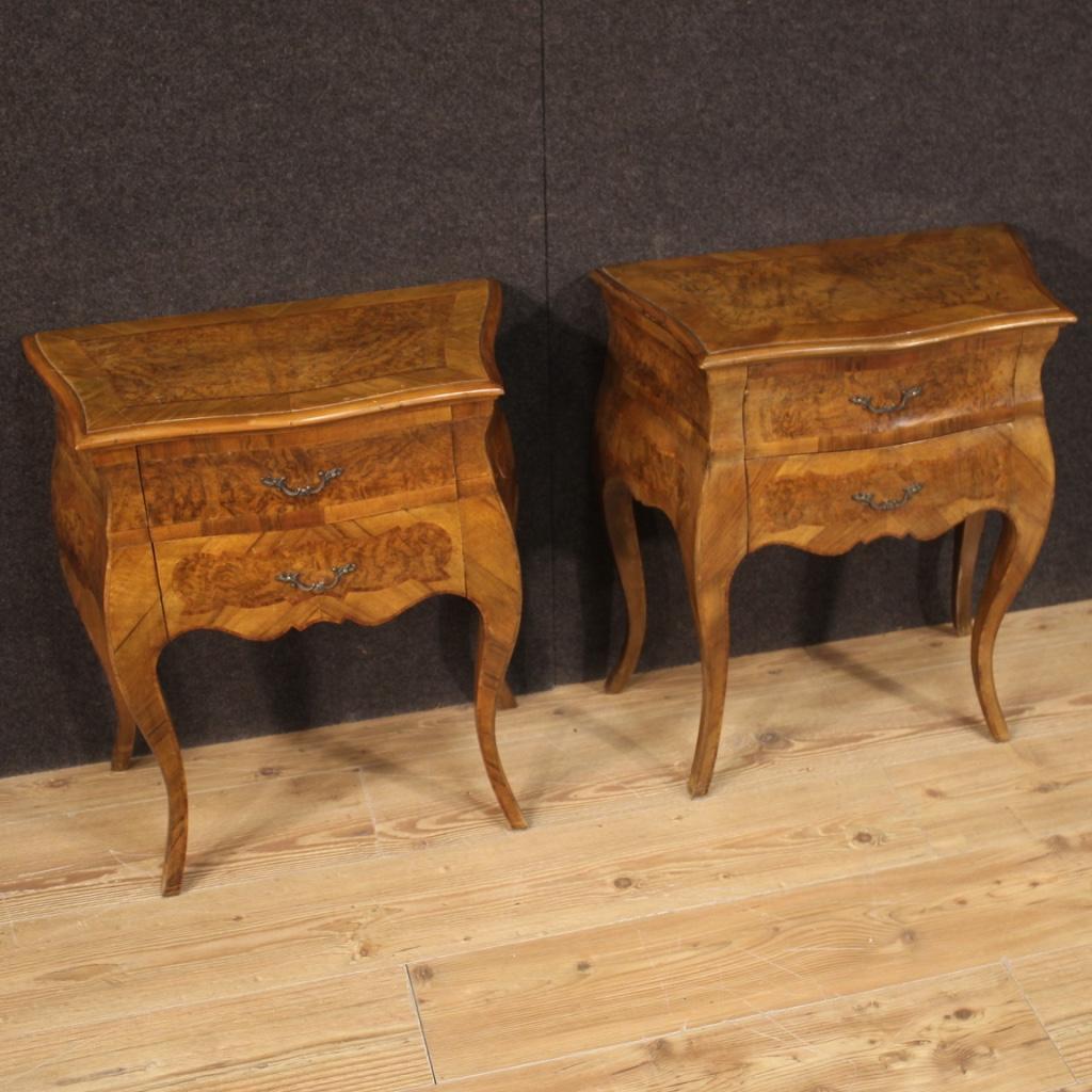 Pair of Italian Bedside Tables in Walnut, Burl, Rosewood & Beech, 20th Century In Good Condition For Sale In London, GB