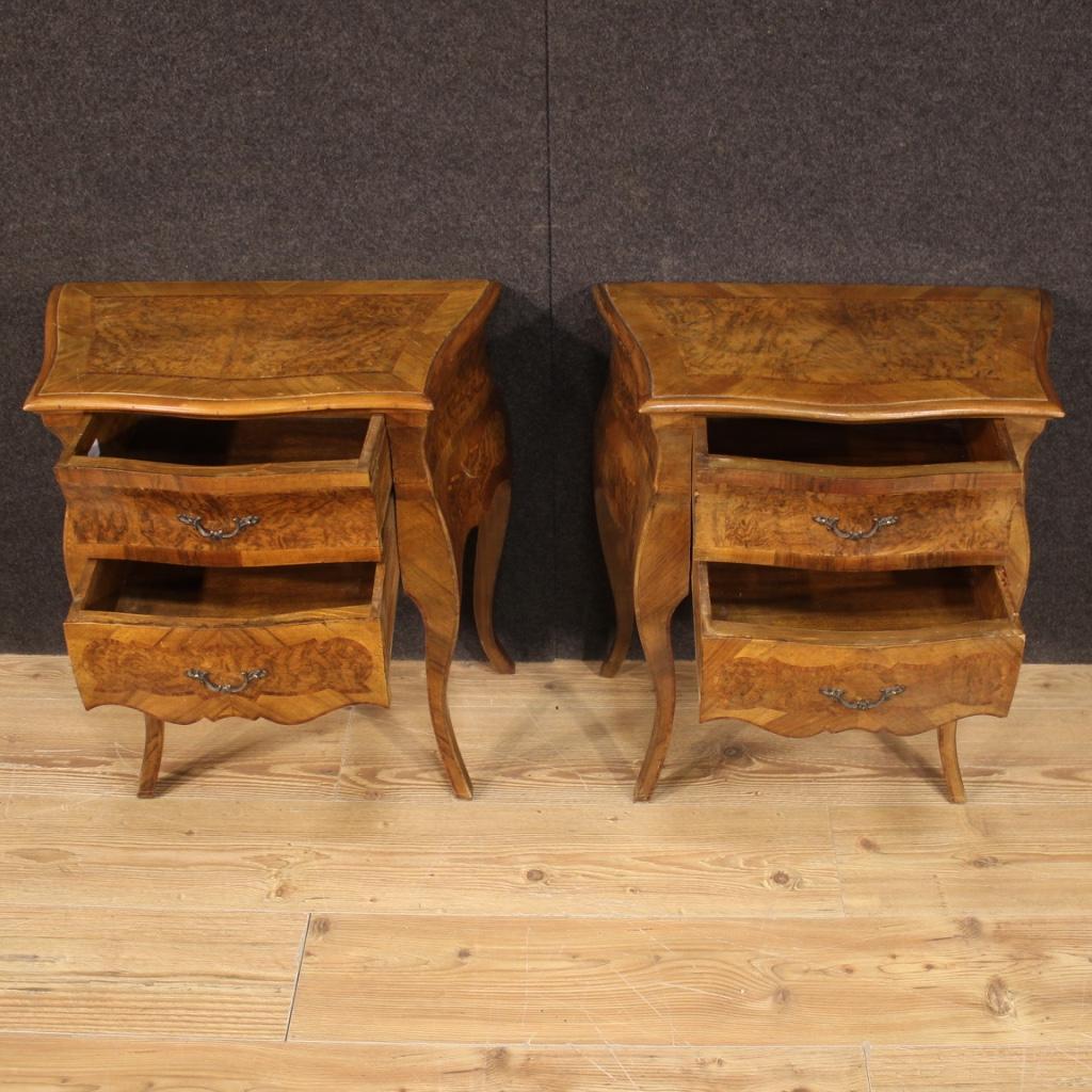 Wood Pair of Italian Bedside Tables in Walnut, Burl, Rosewood & Beech, 20th Century For Sale
