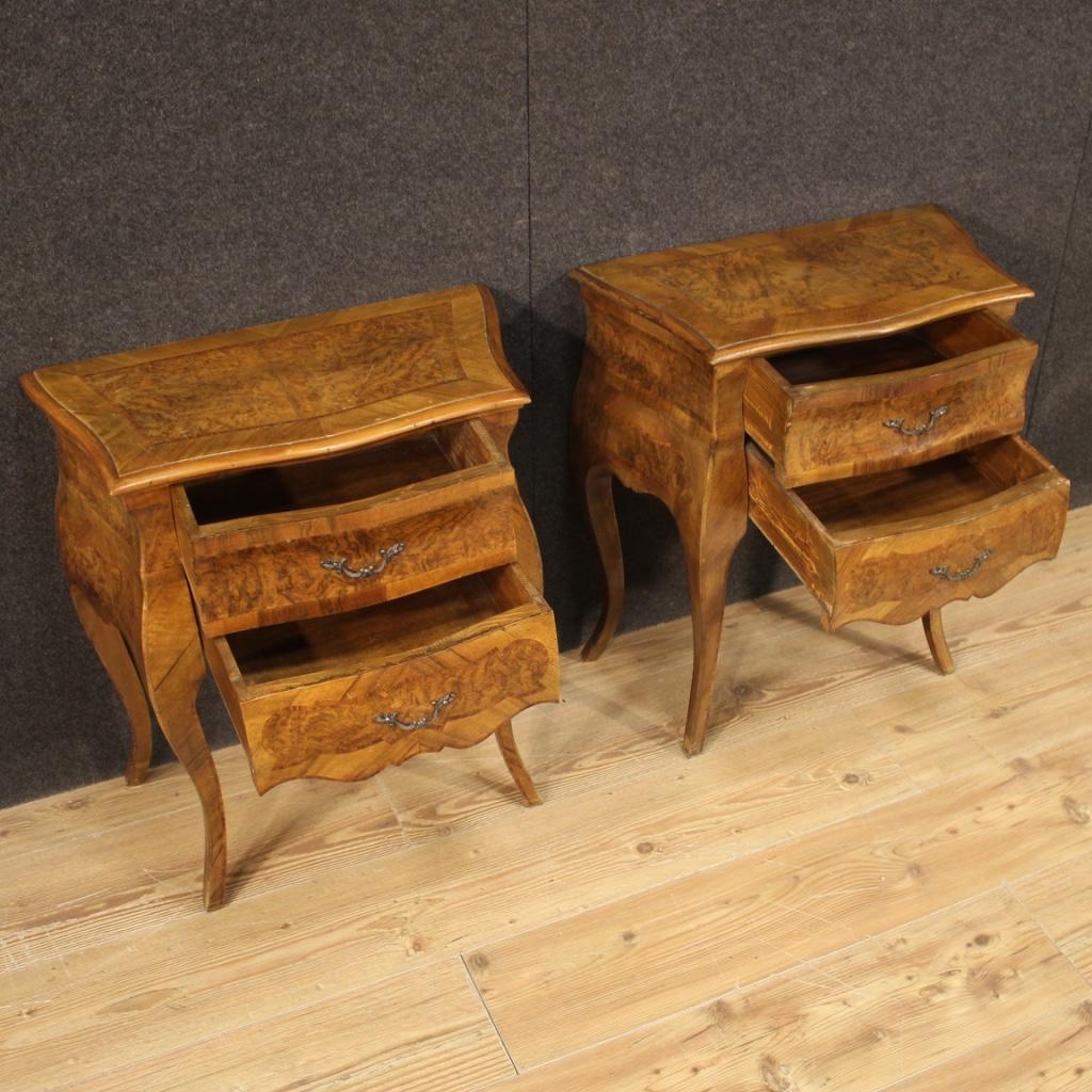Pair of Italian Bedside Tables in Walnut, Burl, Rosewood & Beech, 20th Century For Sale 1