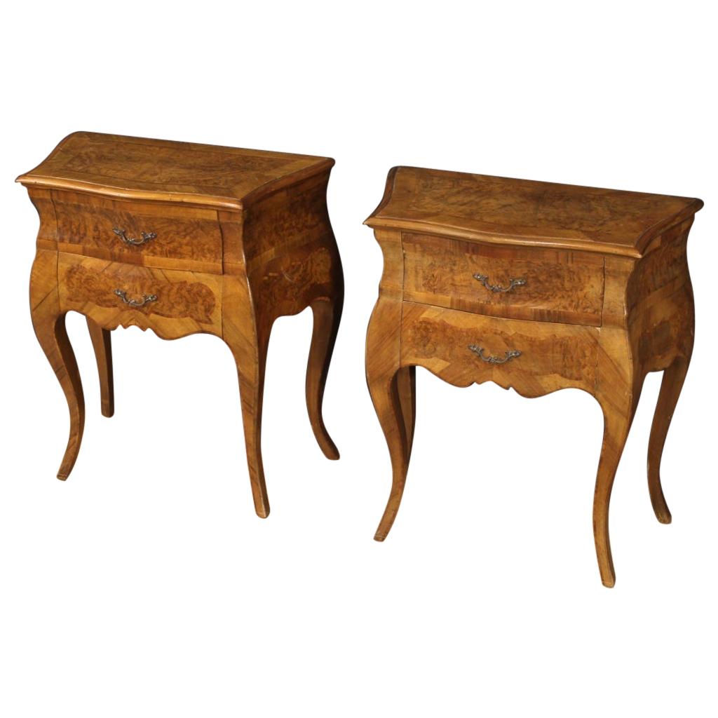 Pair of Italian Bedside Tables in Walnut, Burl, Rosewood & Beech, 20th Century For Sale