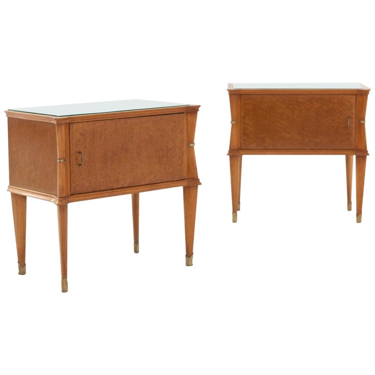 Pair Of Italian Bedside Tables With Light Green Glass Top 1950s For Pair Of Italian Bedside Tables With Light Green Glass Top 1950s For