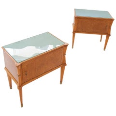 Pair of Italian Bedside Tables with Light Green Glass Top, 1950s