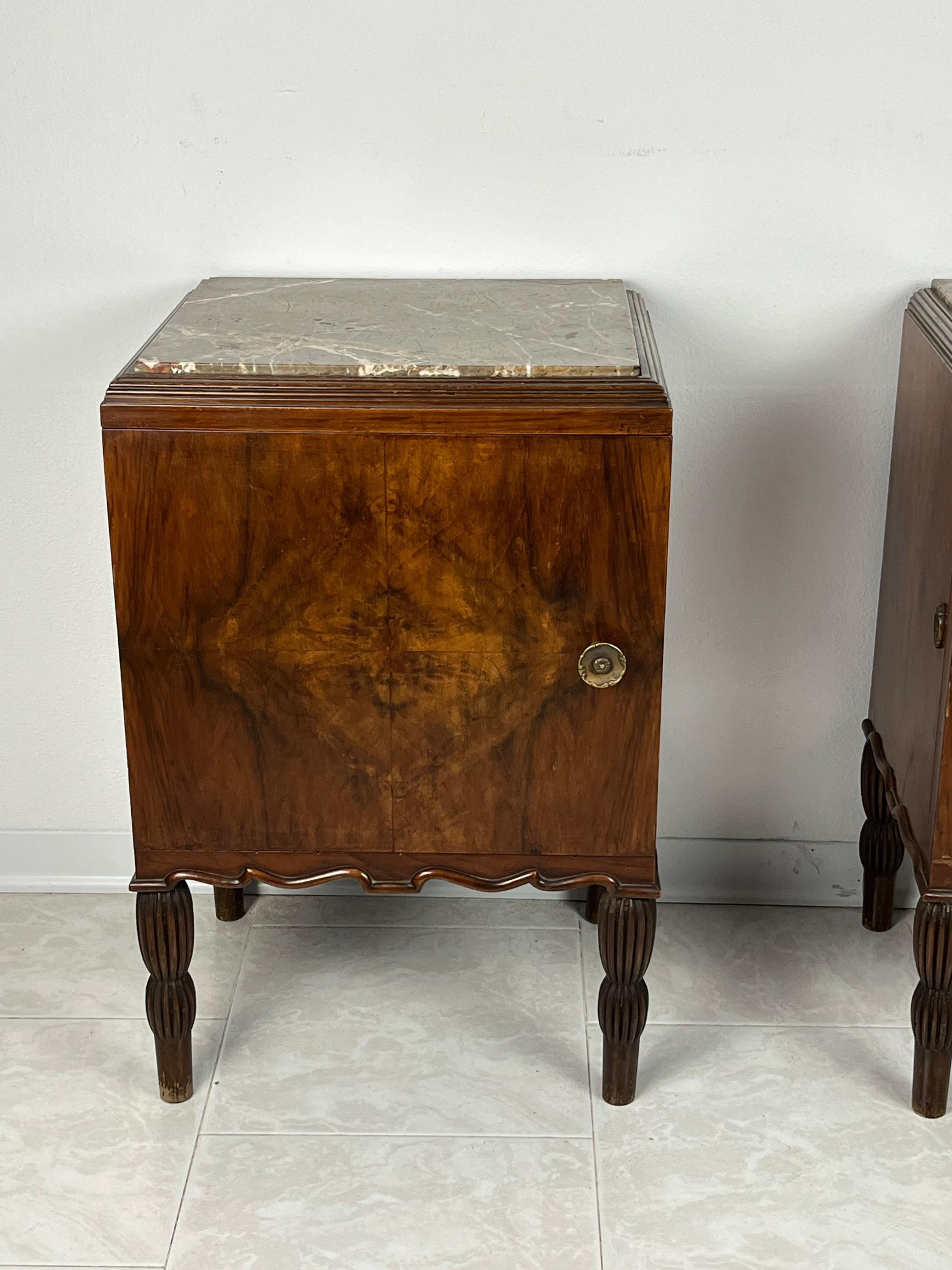 Mid-20th Century Pair of Italian Bedside Tables With Marble Top, Art Deco, 1930s