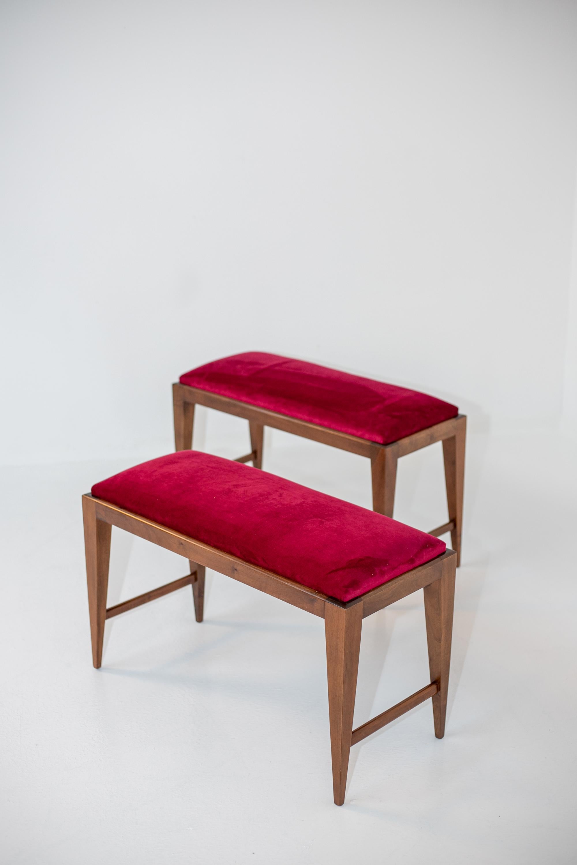 Pair of Italian Benches in Red Velvet, Restored 1