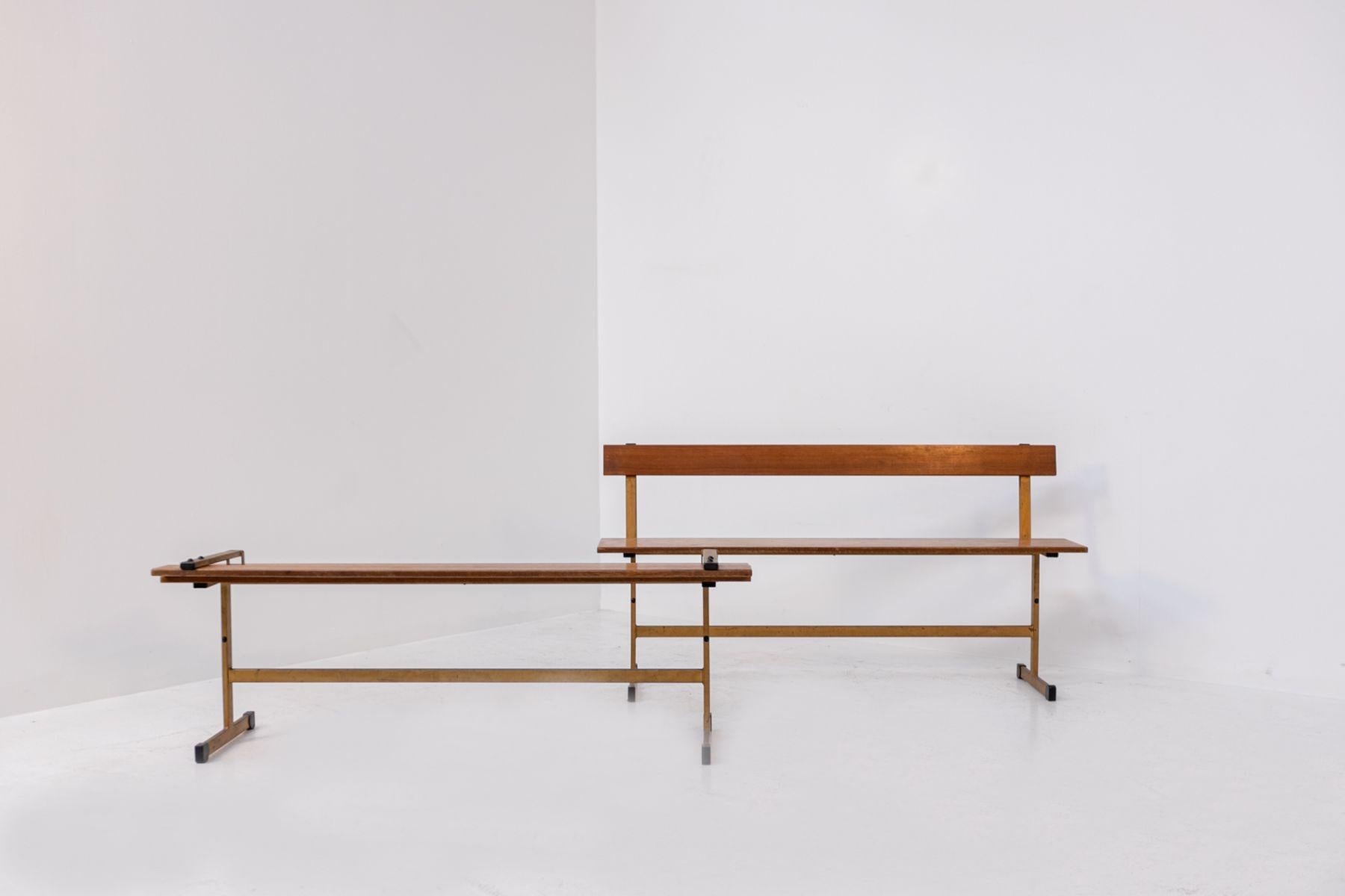 Mid-20th Century Pair of Italian Benches in Wood and Brass