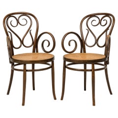 Vintage Pair of Italian Bentwood and Caning Scroll Design Armchairs