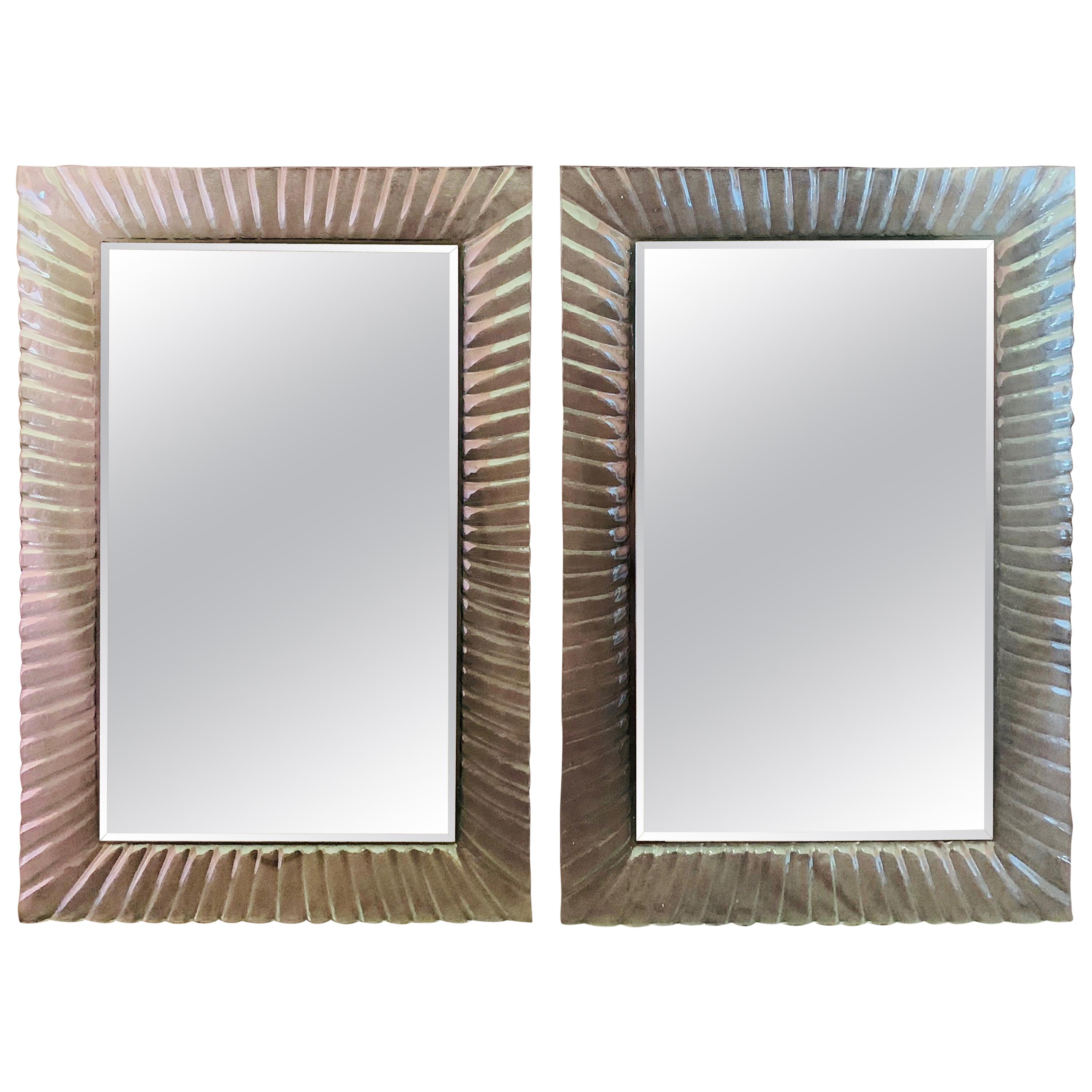 Pair of Italian Beveled Mirrors Framed with Murano Style Art Glass