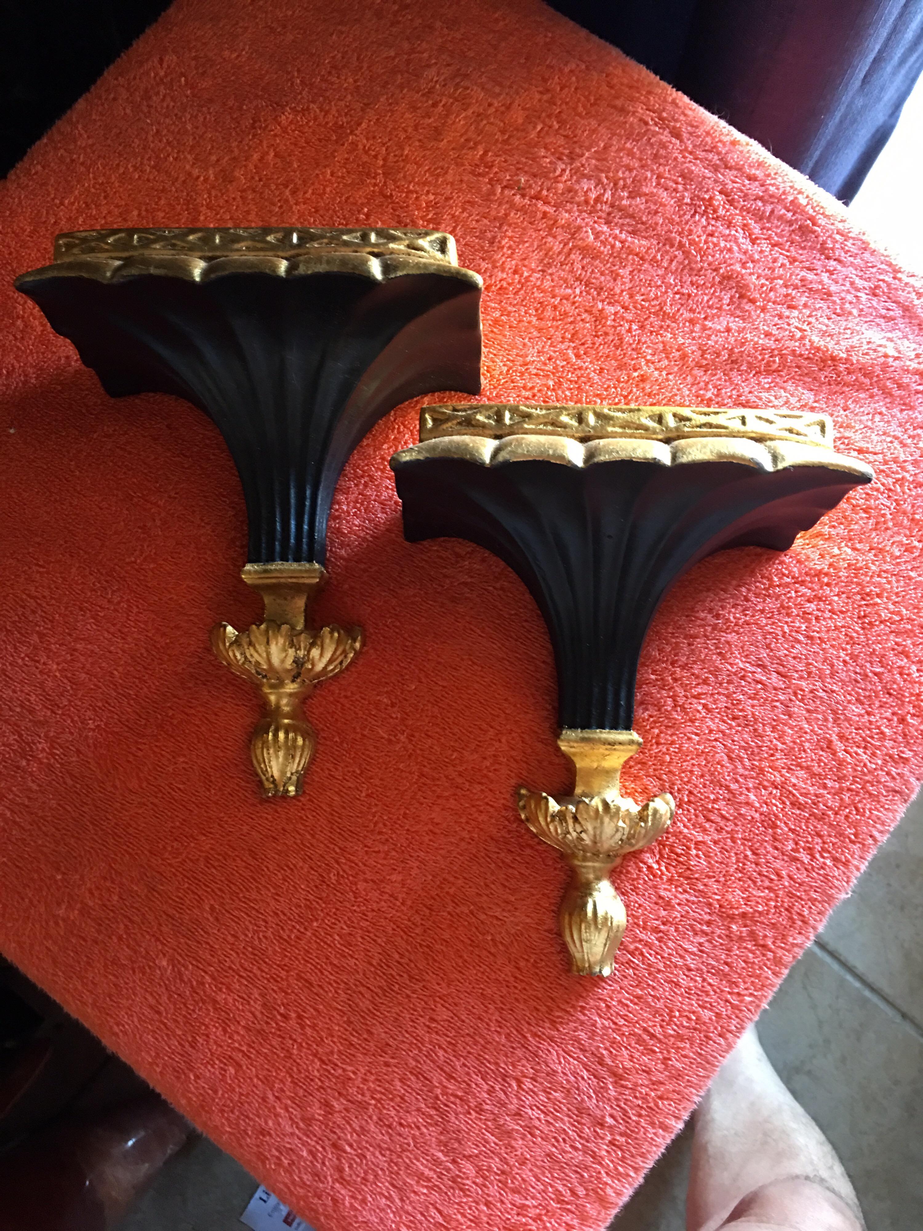 Pair of Italian Black and Gold Wall Shelves in Hollywood Regency Style In Good Condition In Palm Springs, CA
