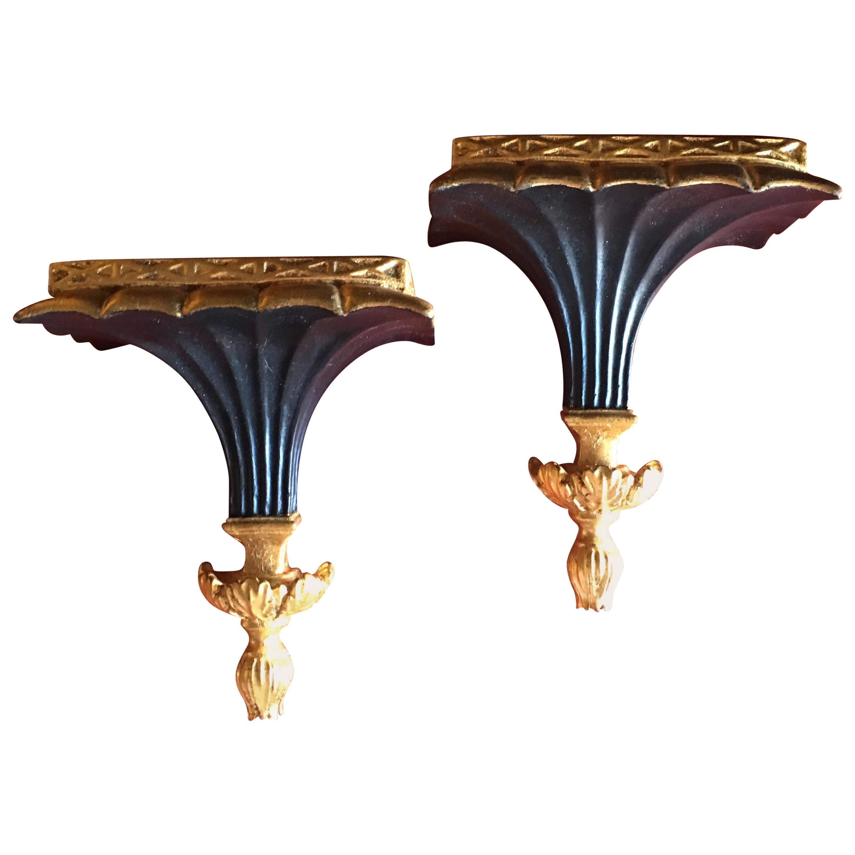 Pair of Italian Black and Gold Wall Shelves in Hollywood Regency Style