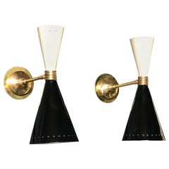 Pair of Italian Black and white Brass Sconces, 1960s