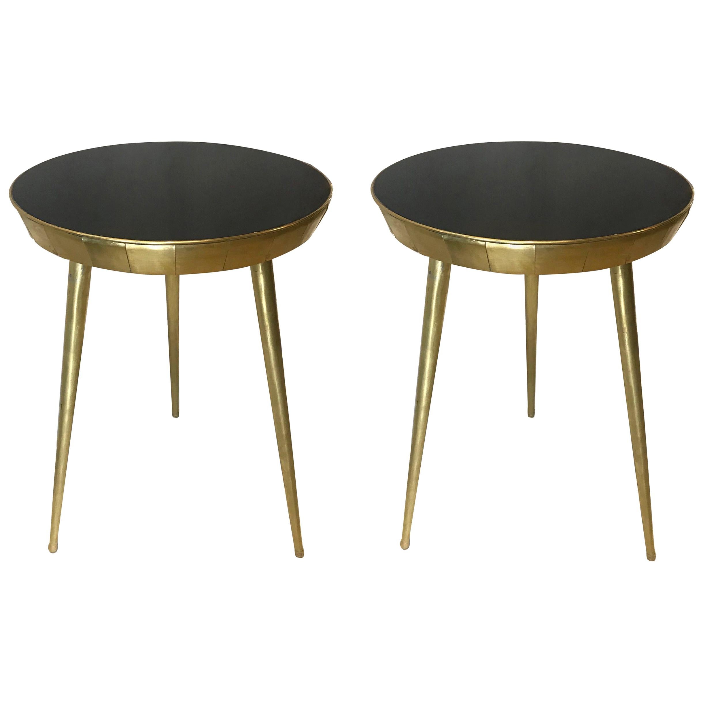 Pair of Italian Black Glass and Brass Accent Tables