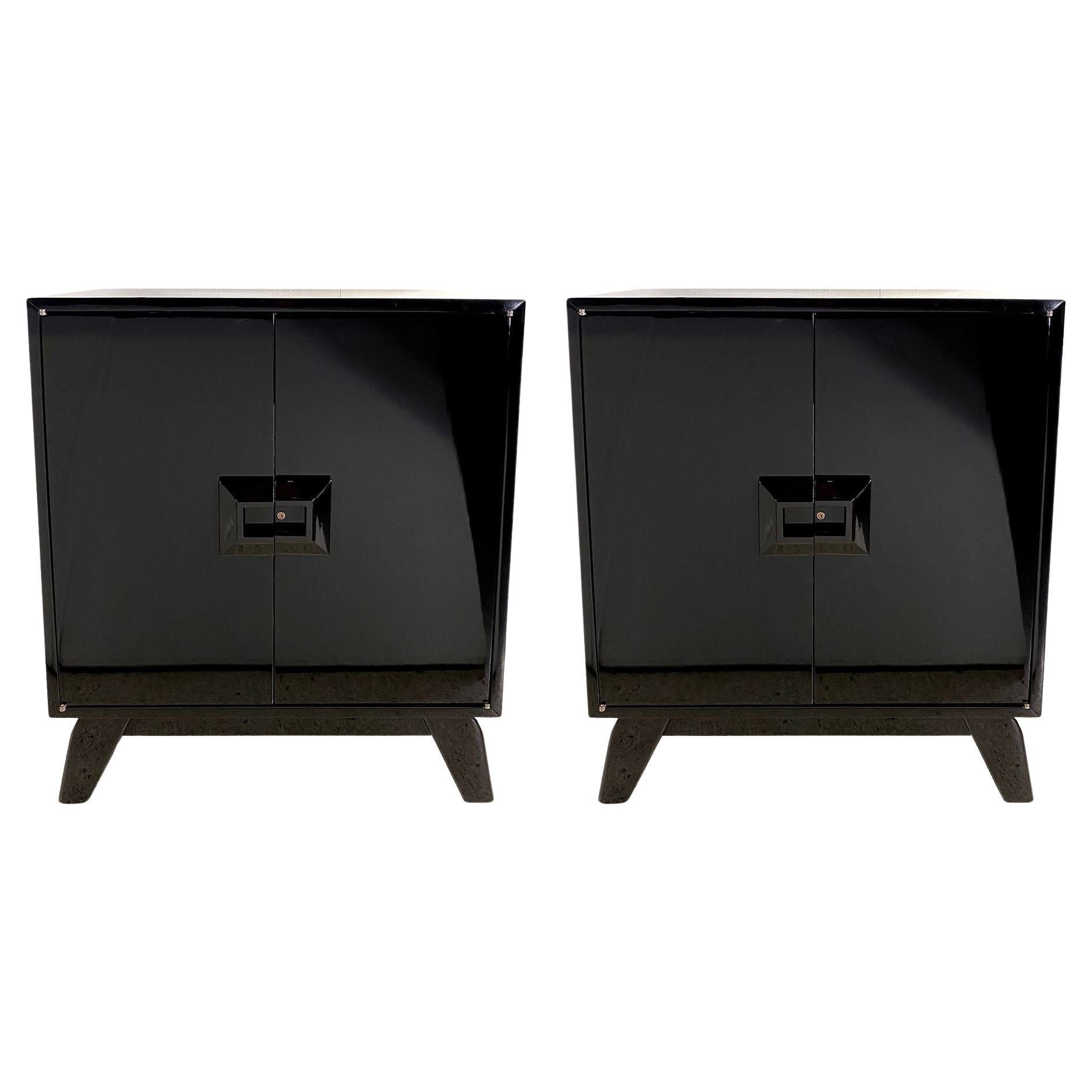 Pair of Italian Black Lacquer Modern Cabinets, Renzo Rutili For Sale