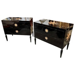 Pair of Italian Black Lacquered Commodes with Star Inlay