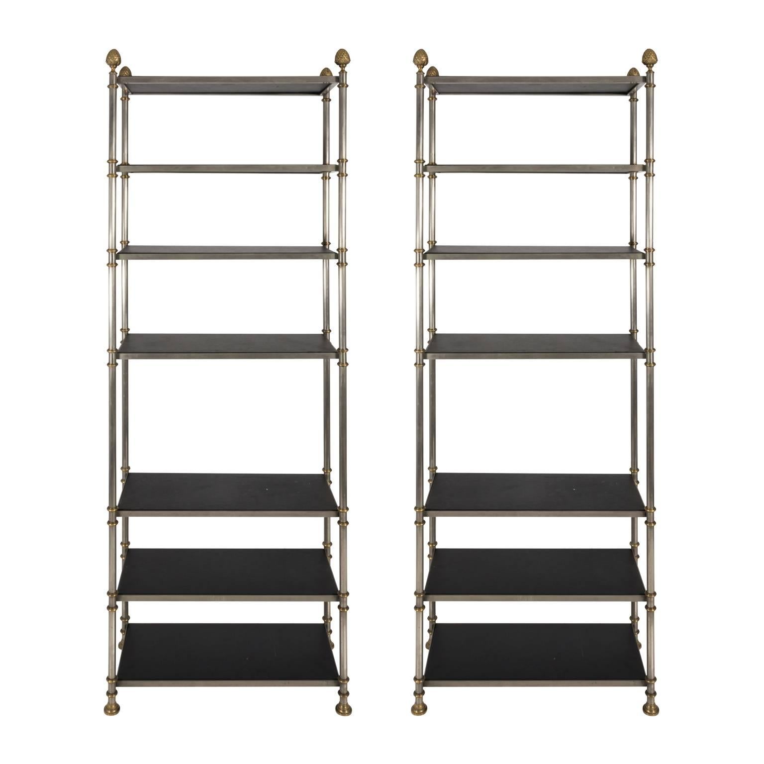 Pair of Italian Black Leather and Wood Shelves in the Style of Maison Jansen