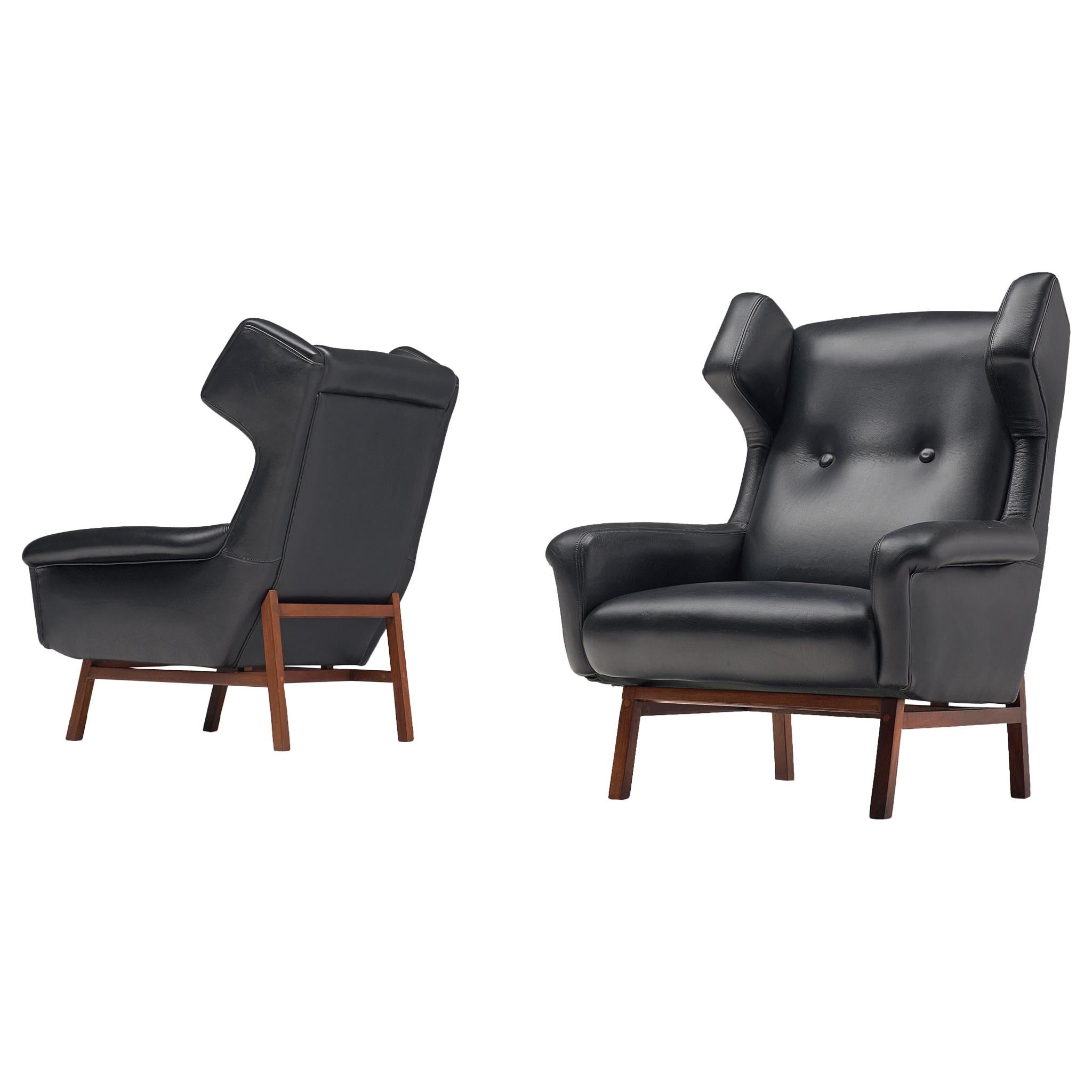 Pair of Italian Black Leather Wingback Chairs