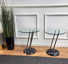 Pair of Italian Black Marble Base Metal Glass Top Side Tables or Night Stands