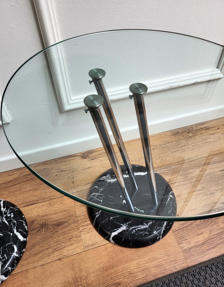 Pair of Italian Black Marble Base Metal Glass Top Side Tables or Night Stands For Sale 2