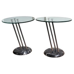 Pair of Italian Black Marble Base Metal Glass Top Side Tables or Night Stands
