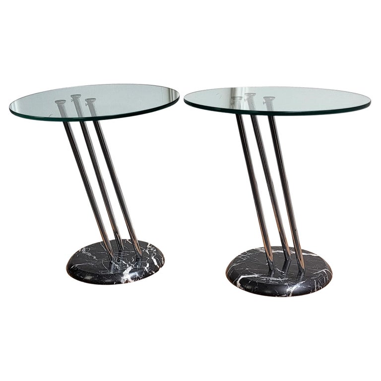 Pair of Italian Black Marble Base Metal Glass Top Side Tables or Night Stands For Sale