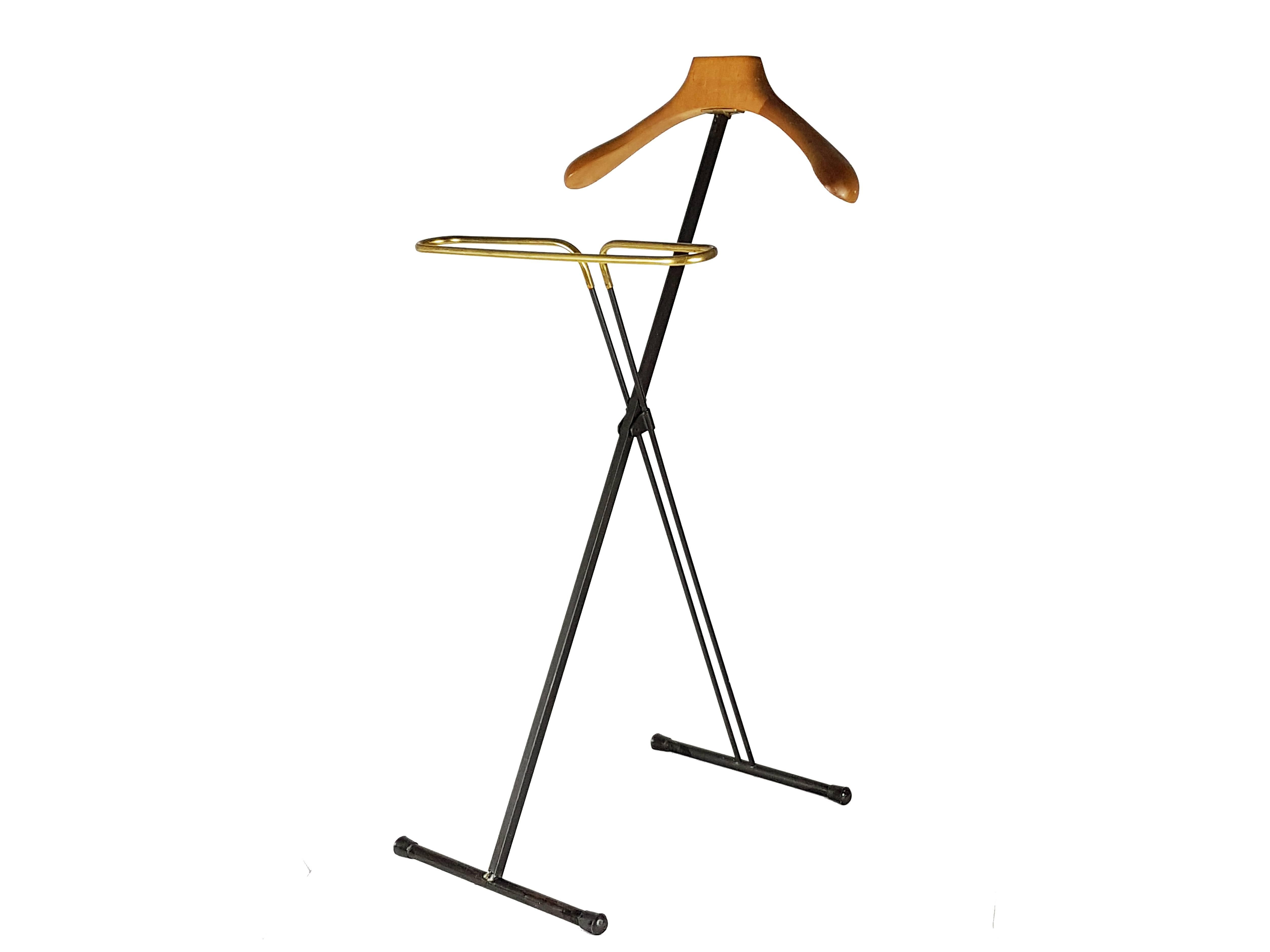 Mid-Century Modern Pair of Italian Black Metal, Wood and Brass Folding Valet Stand, 1950s