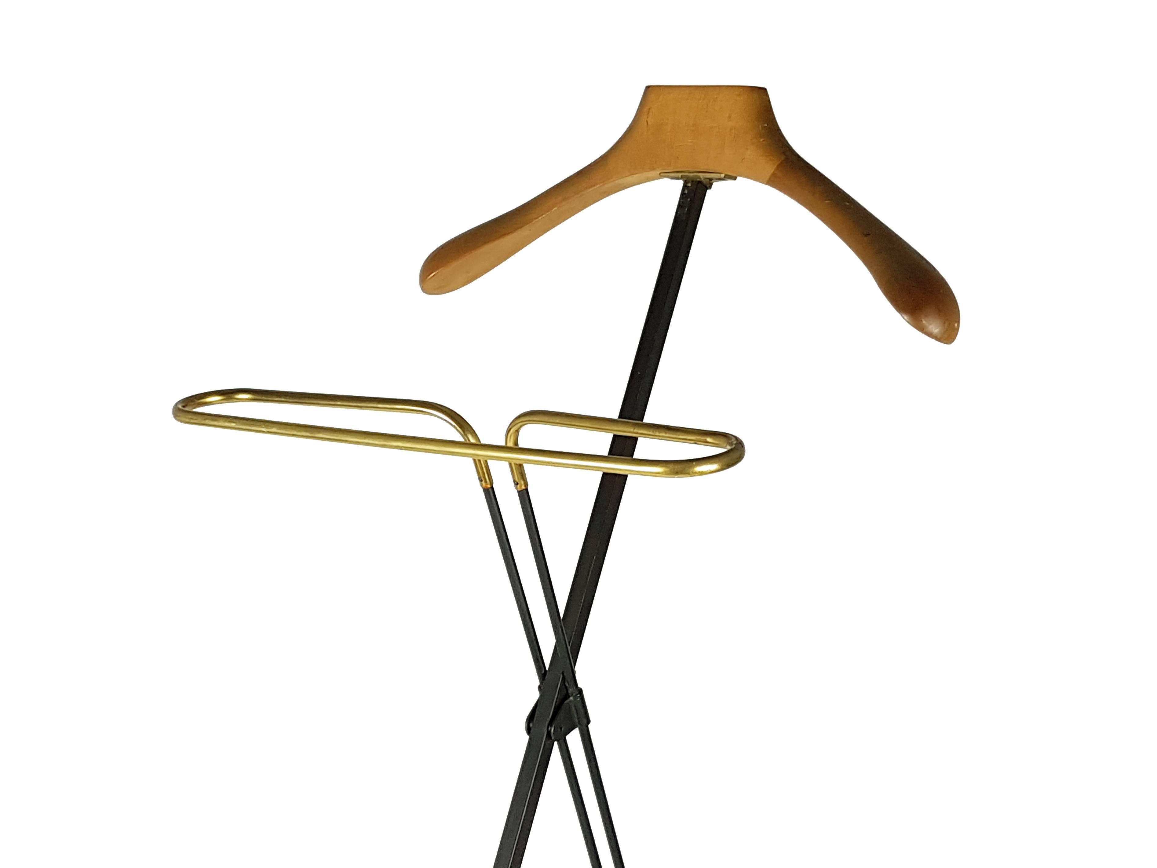 Carved Pair of Italian Black Metal, Wood and Brass Folding Valet Stand, 1950s