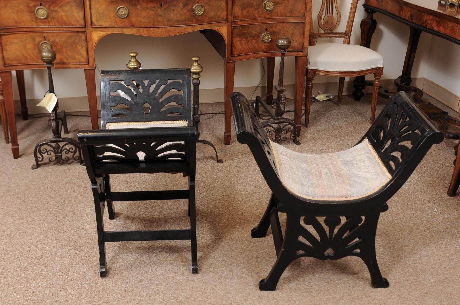 Pair of Italian Black Painted Saddle Seat Window Benches, Early 20th Century 7