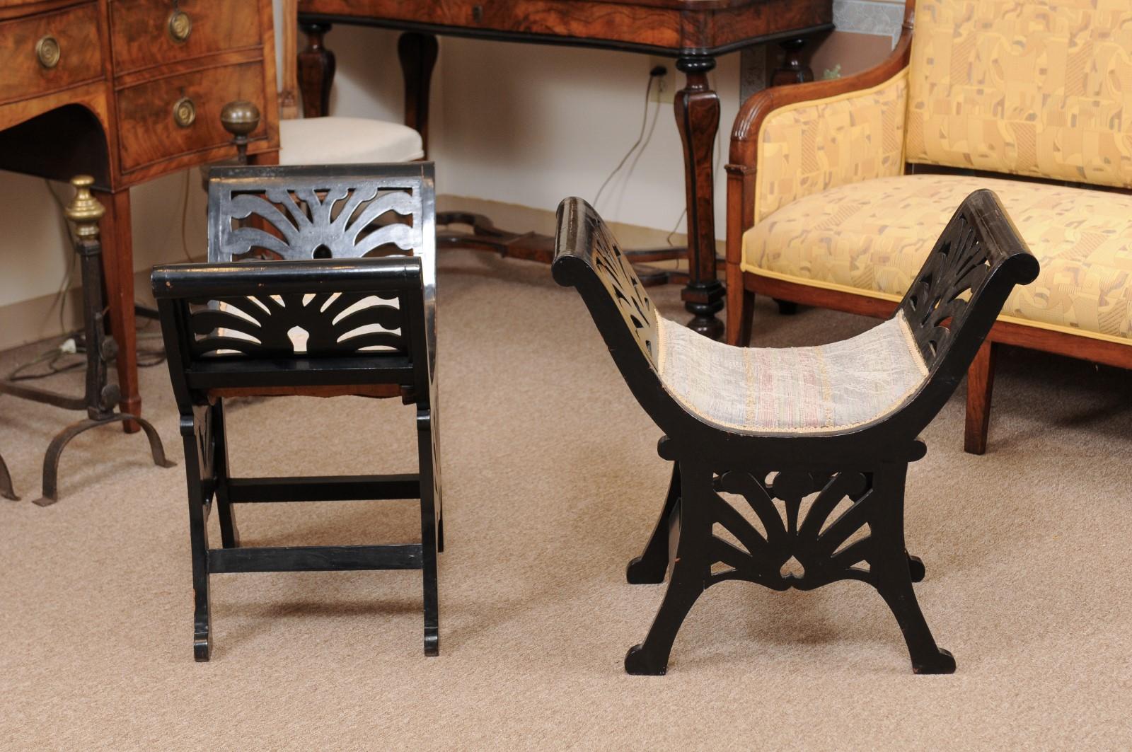 Pair of Italian Black Painted Saddle Seat Window Benches, Early 20th Century In Good Condition In Atlanta, GA