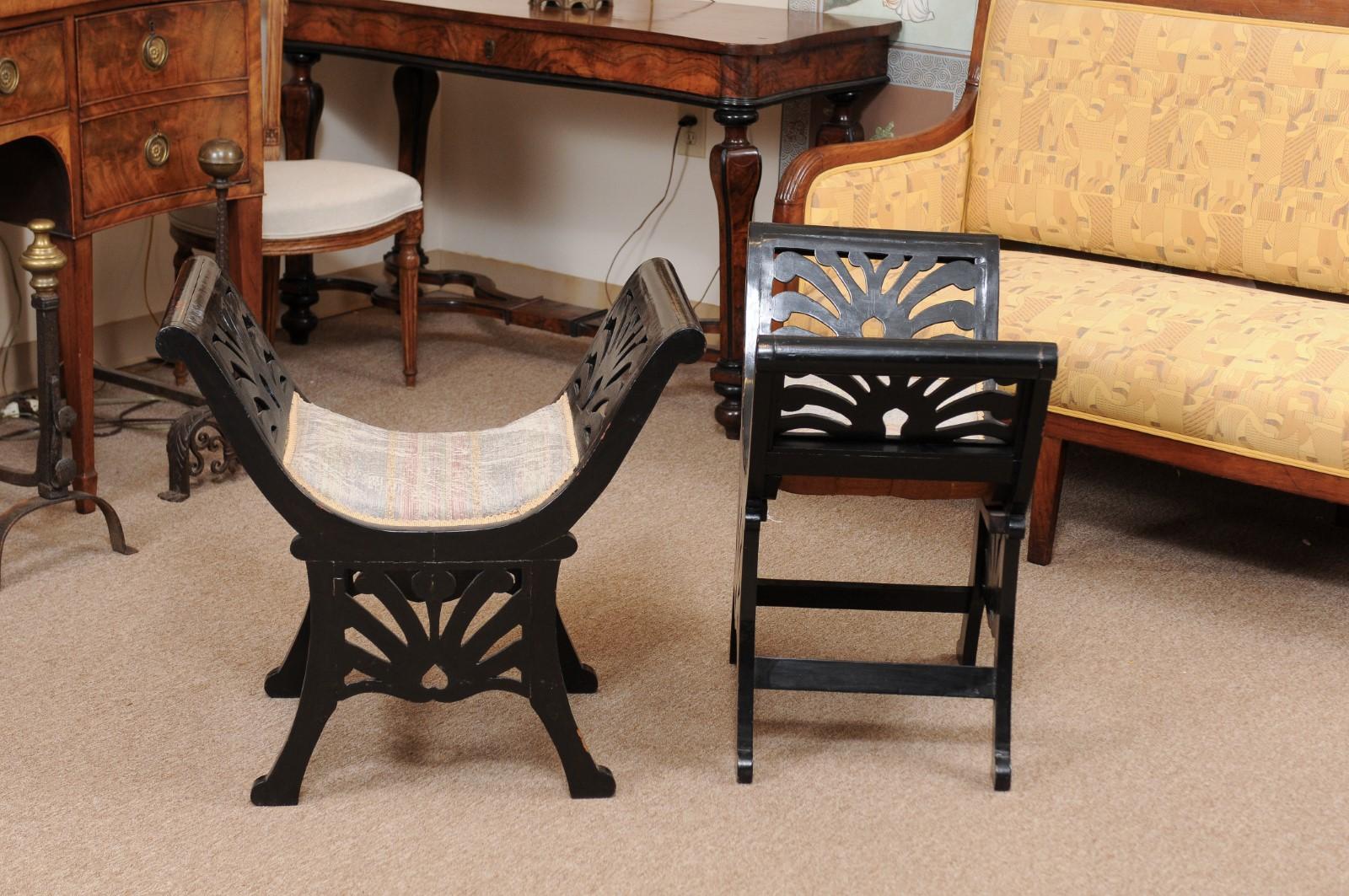 Upholstery Pair of Italian Black Painted Saddle Seat Window Benches, Early 20th Century