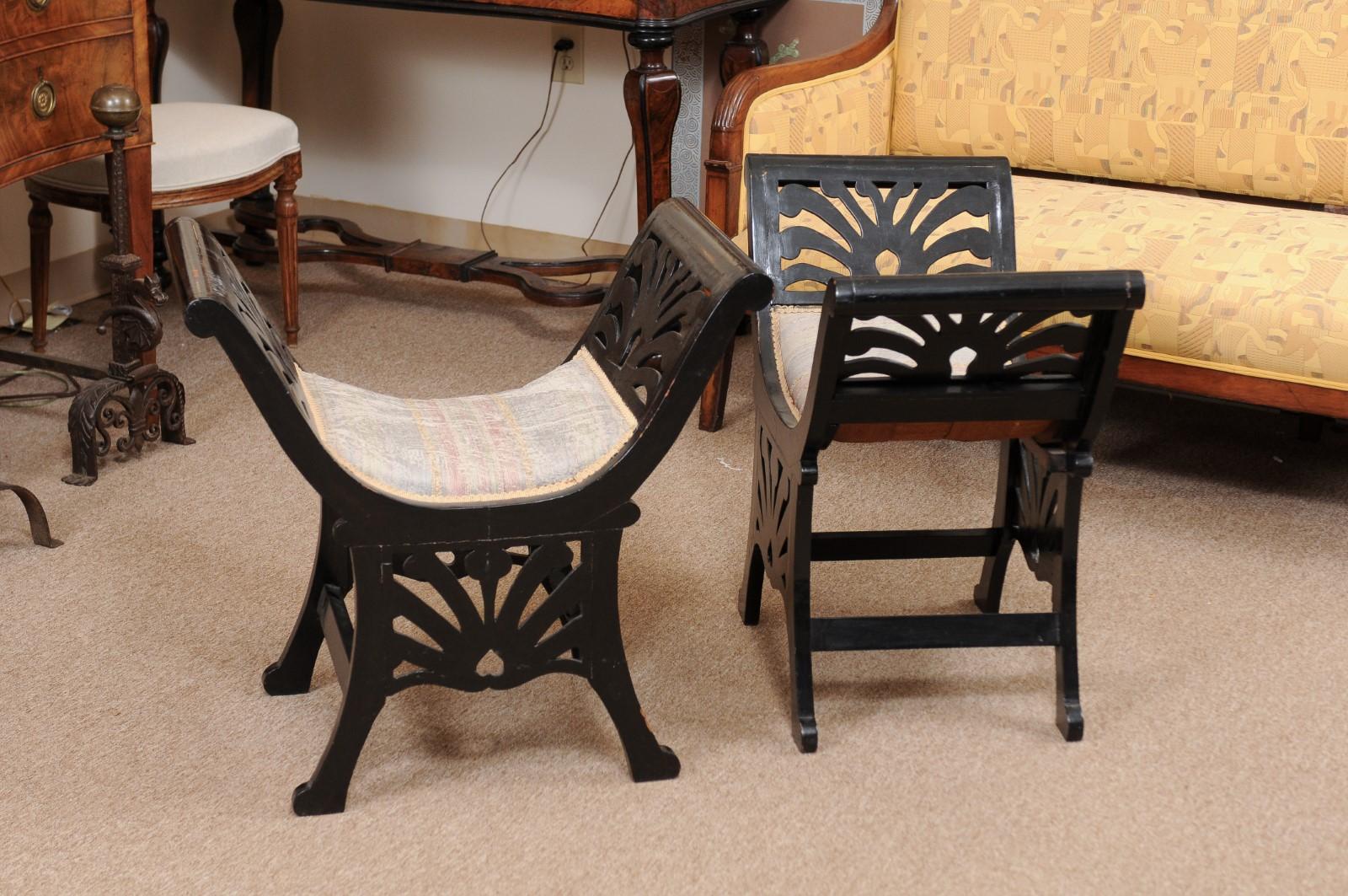 Pair of Italian Black Painted Saddle Seat Window Benches, Early 20th Century 1
