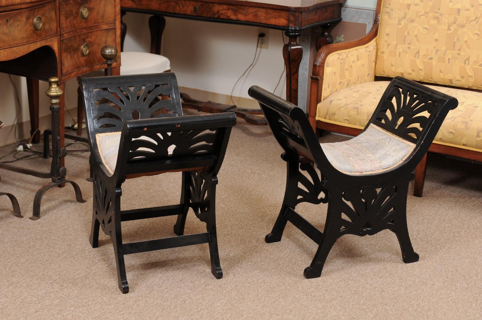 Pair of Italian Black Painted Saddle Seat Window Benches, Early 20th Century 2