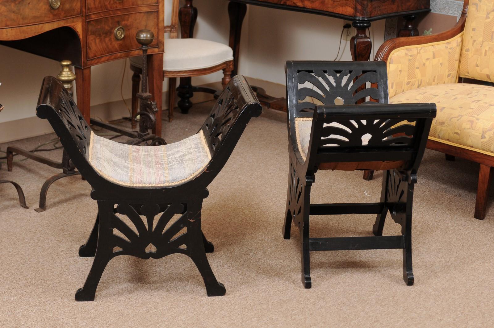 Pair of Italian Black Painted Saddle Seat Window Benches, Early 20th Century 4