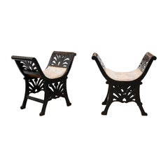 Antique Pair of Italian Black Painted Saddle Seat Window Benches, Early 20th Century