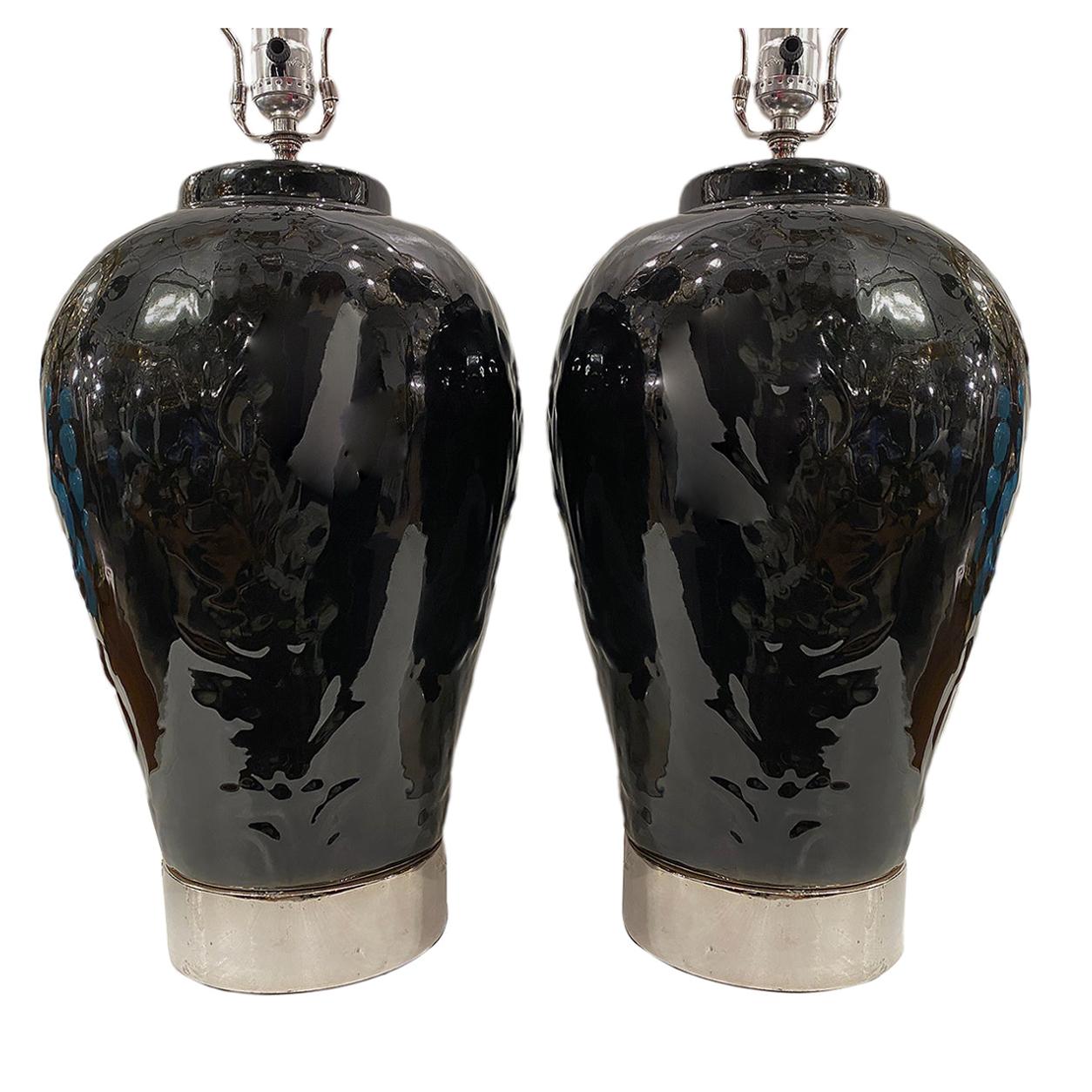 Pair of Italian Black Porcelain Lamps For Sale
