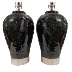 Pair of Italian Black Porcelain Lamps