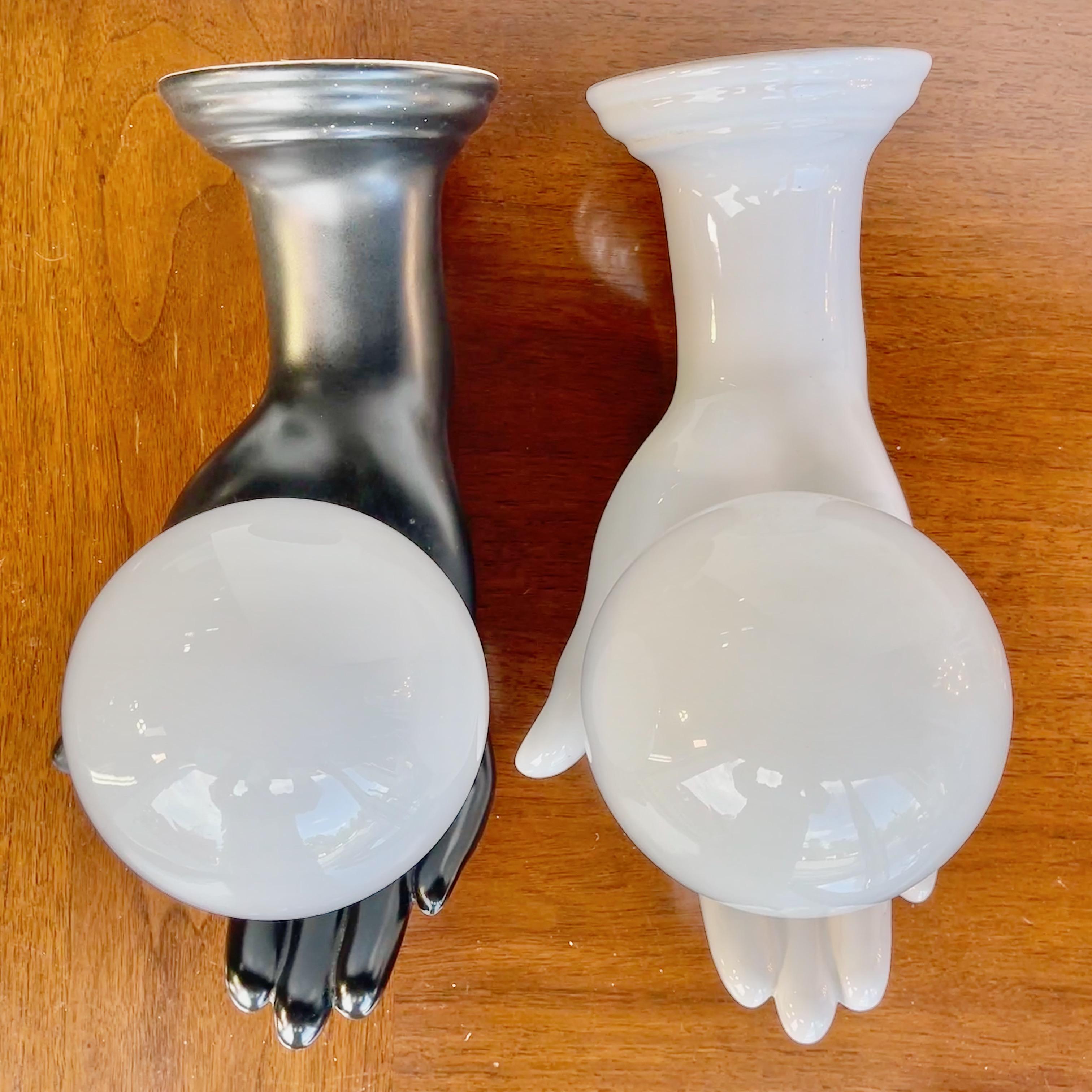 Mid-20th Century Pair of Italian Black & White Ceramic Hand Sconces For Sale
