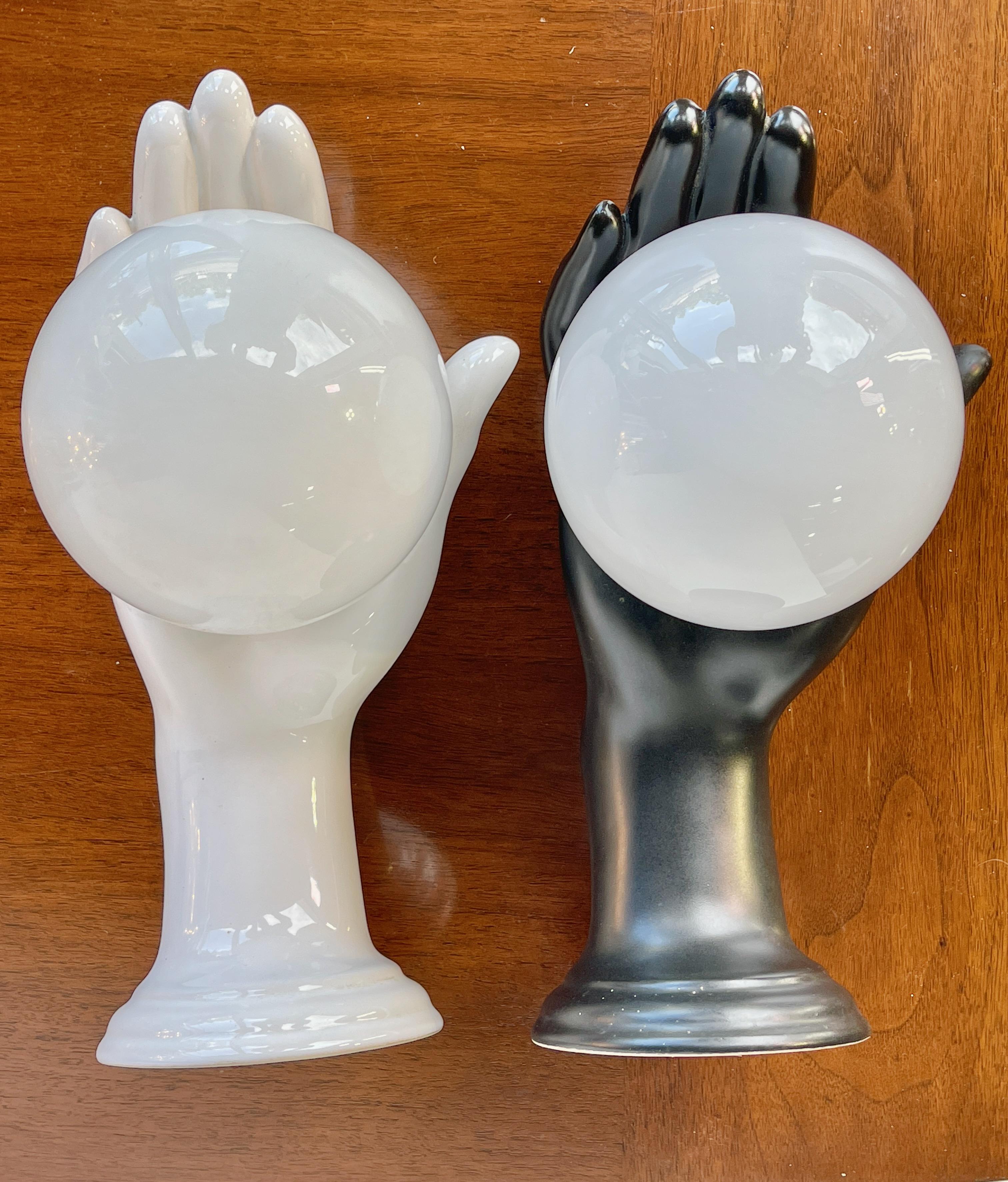 Pair of Italian Black & White Ceramic Hand Sconces For Sale 1