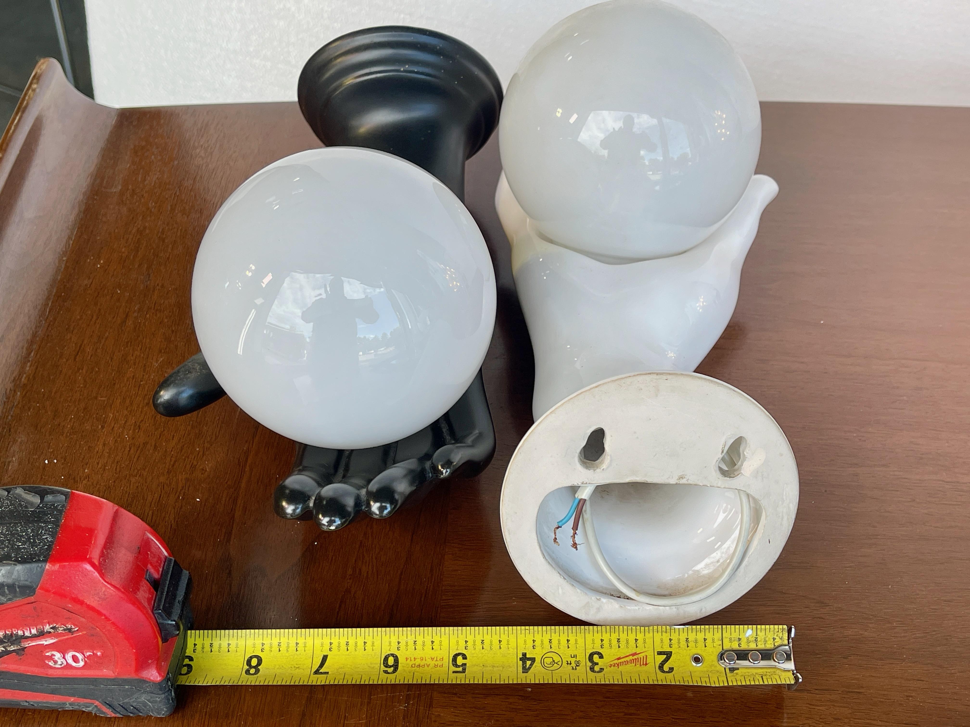 Pair of Italian Black & White Ceramic Hand Sconces For Sale 2