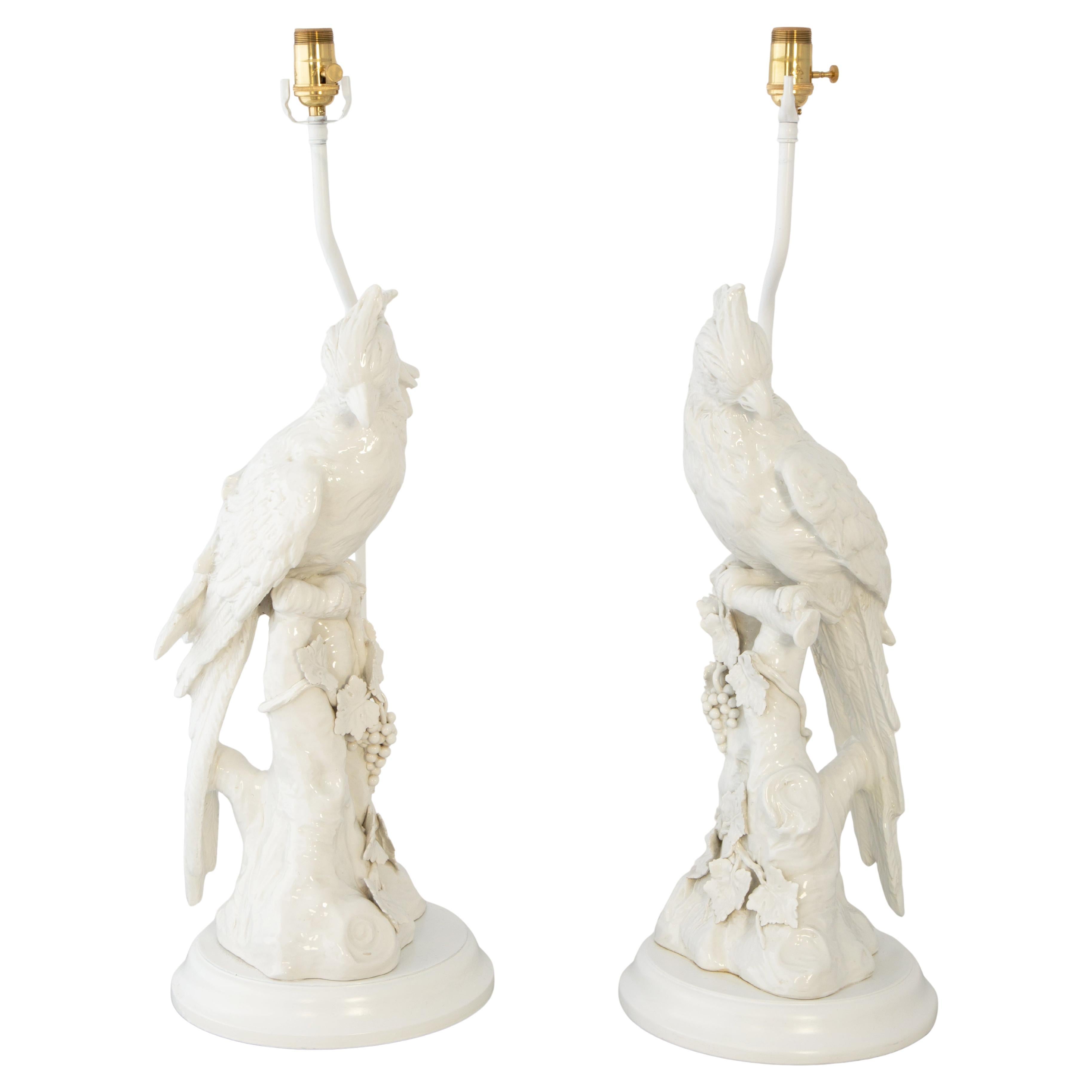Pair of Italian Blanc de Chine Cockatiel Lamps